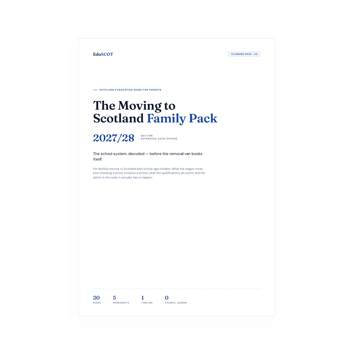 The Moving to Scotland Family Pack cover — an A4 planning pack on a pale ground.